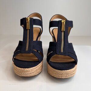 Michael Kors Sandal Women 7 Berkely Wedge Heel Zip Up Canvas Work Party Core Ne